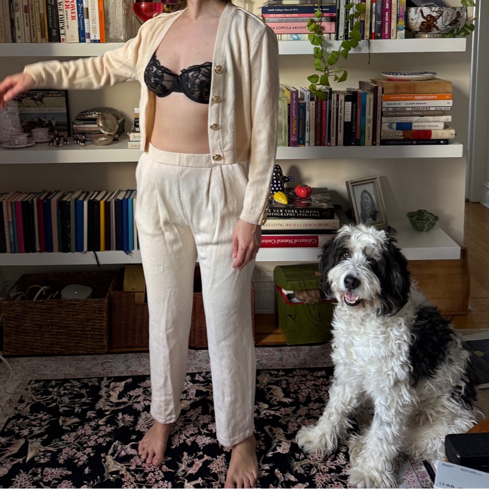 St. John Cream Button-Up Cardigan and Pants Set